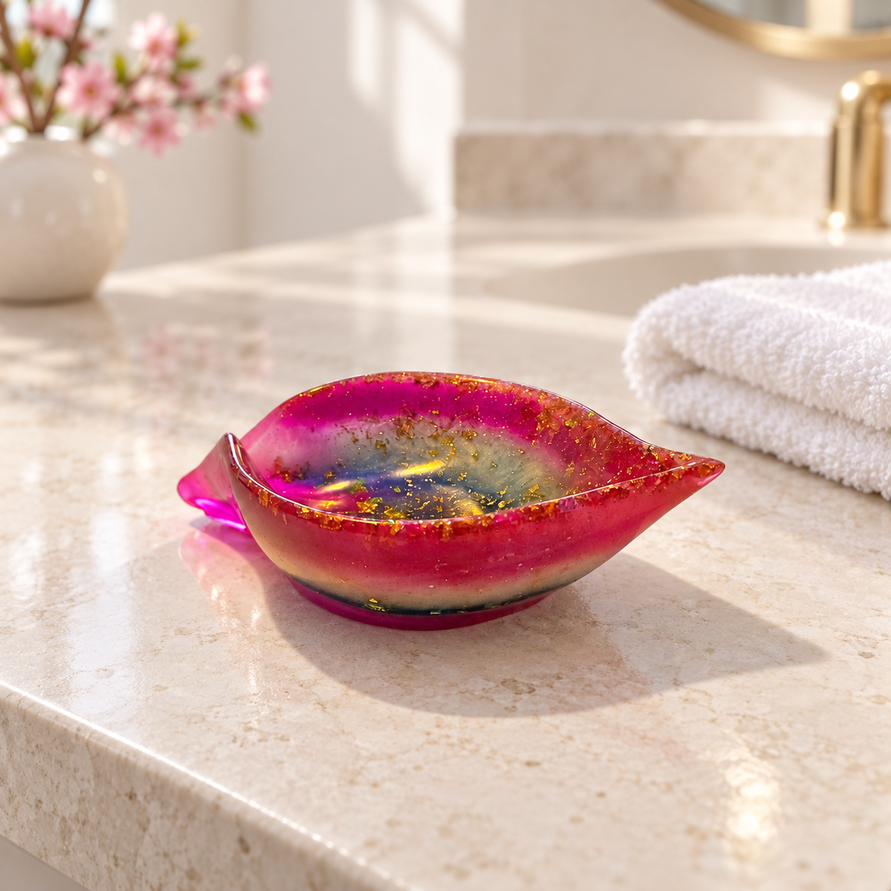 Pink, blue, and white resin soap dish with gold flakes, view 2